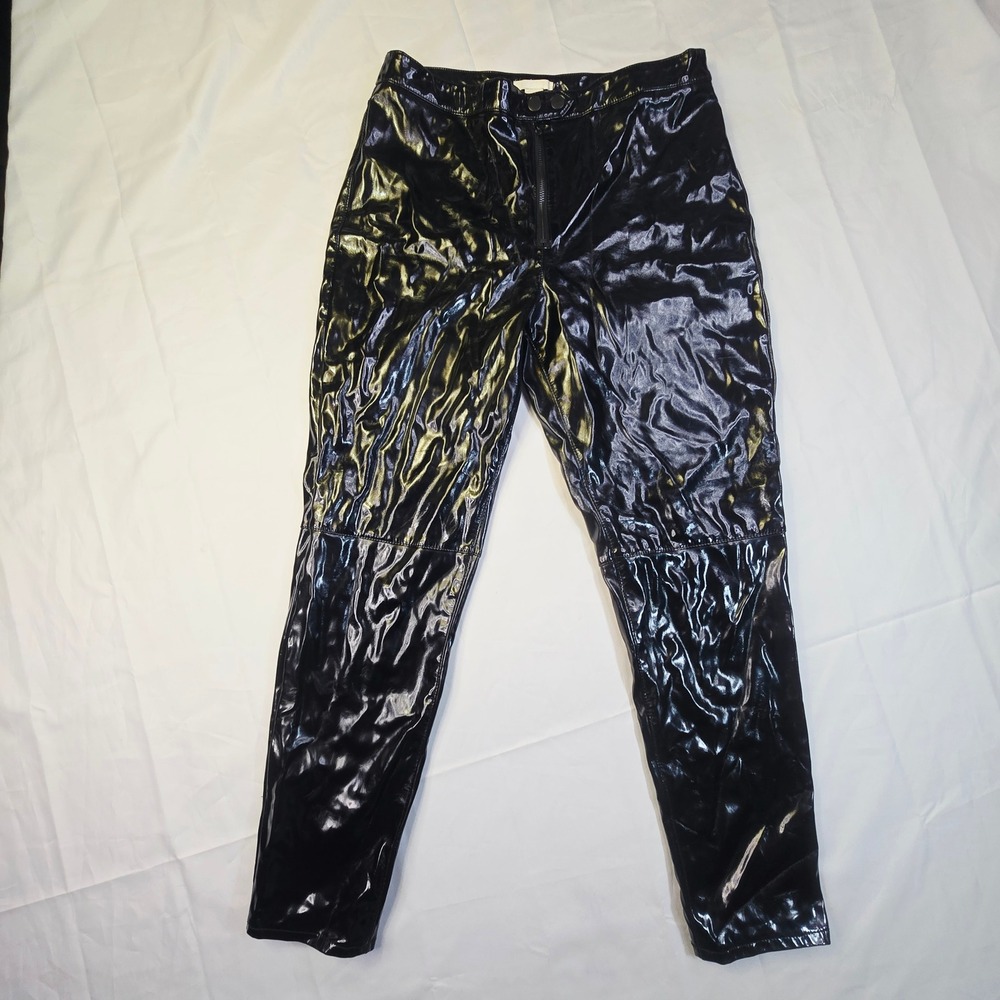 H&M Women's Patent Faux Leather Pants Size 12 Black Shiny Moto Trousers - 0004